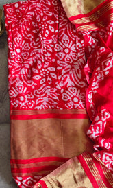 Elegant Muslin Batik Print Suit with Banarasi Accents- RED COLOR